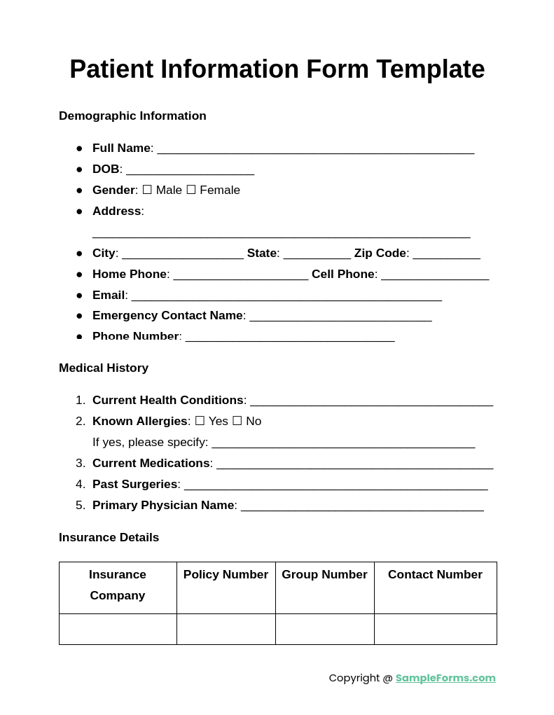 patient information form template