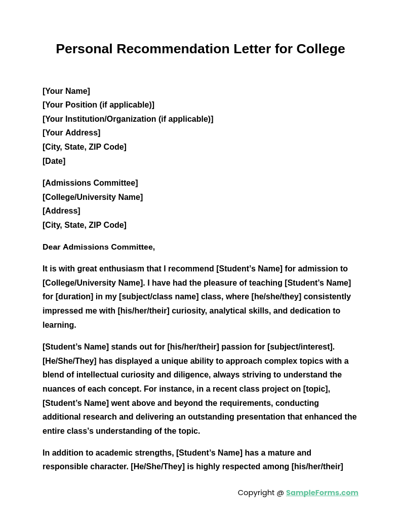 personal recommendation letter for college