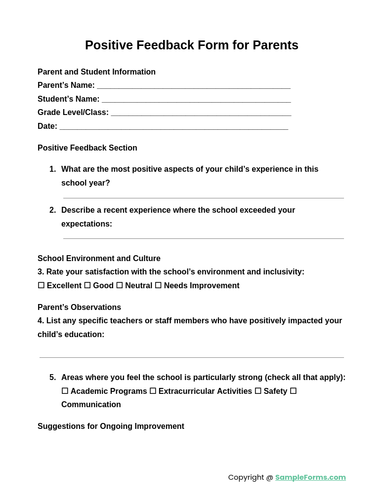 positive feedback form for parent