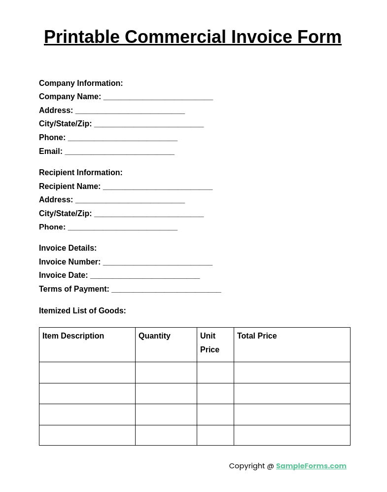 printable commercial invoice form