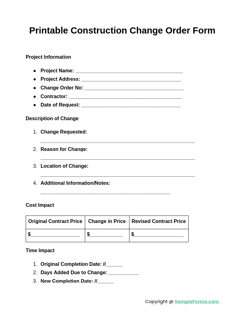 printable construction change order form