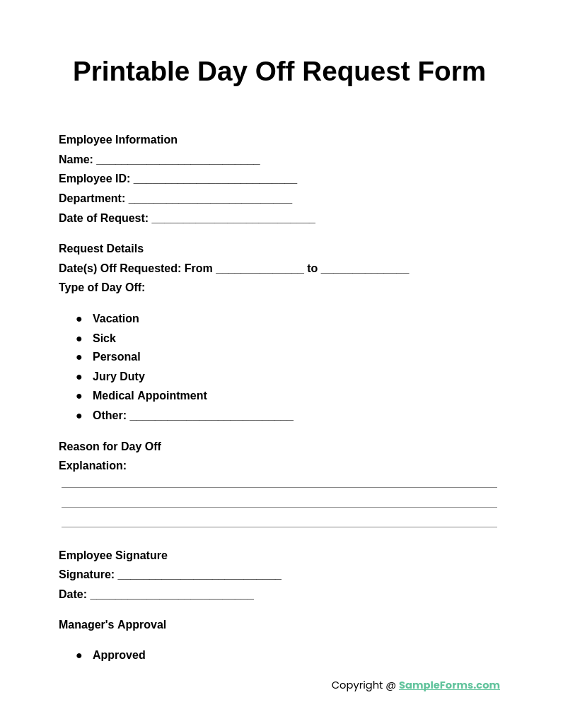 printable day off request form