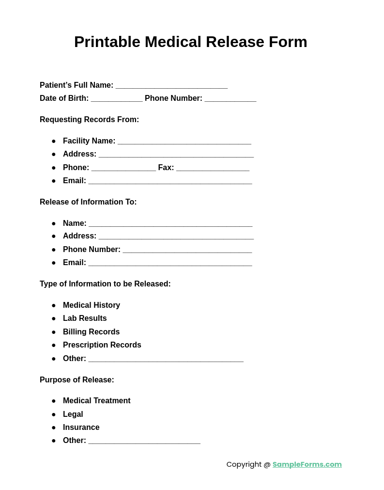 printable medical release form