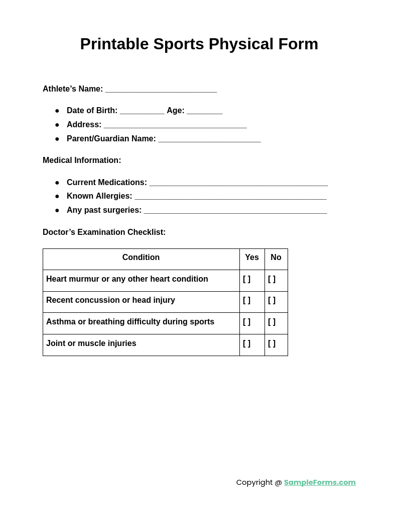 printable sports physical form