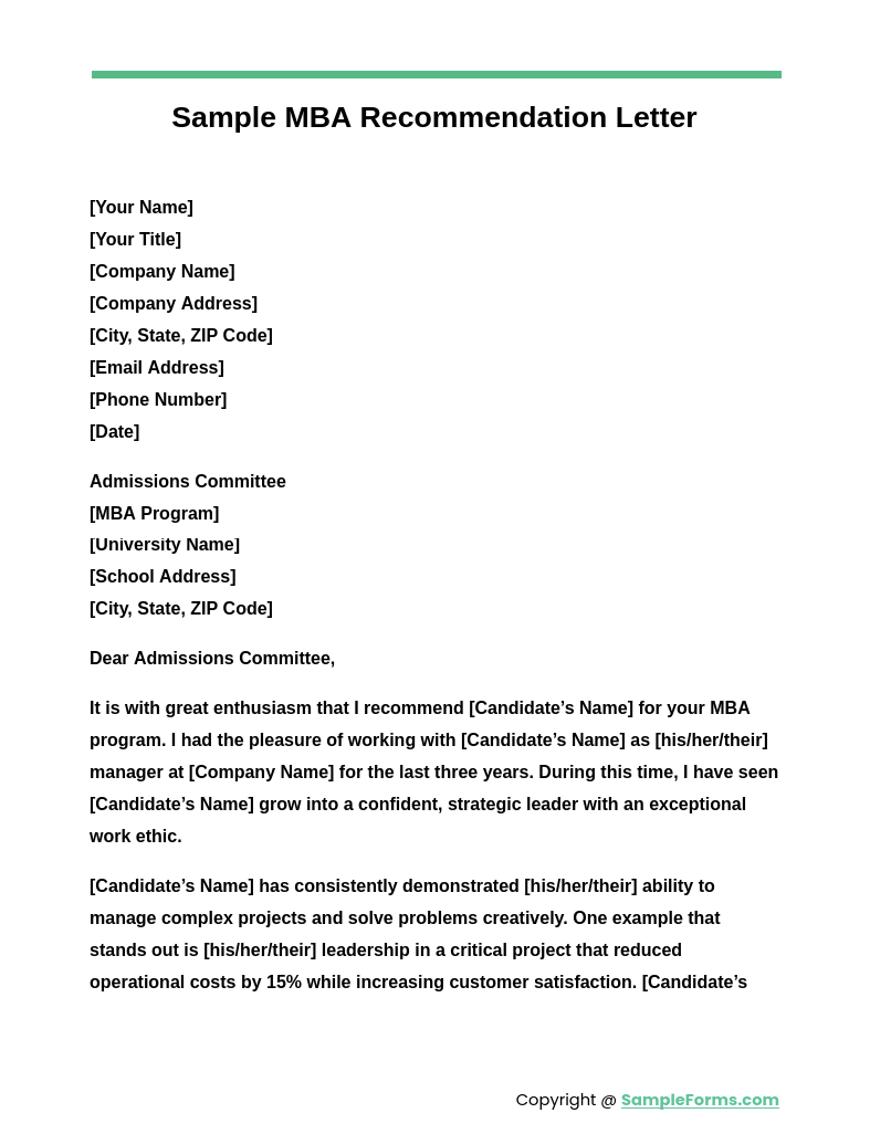 sample mba recommendation letter