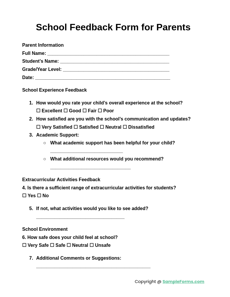 school feedback form for parent