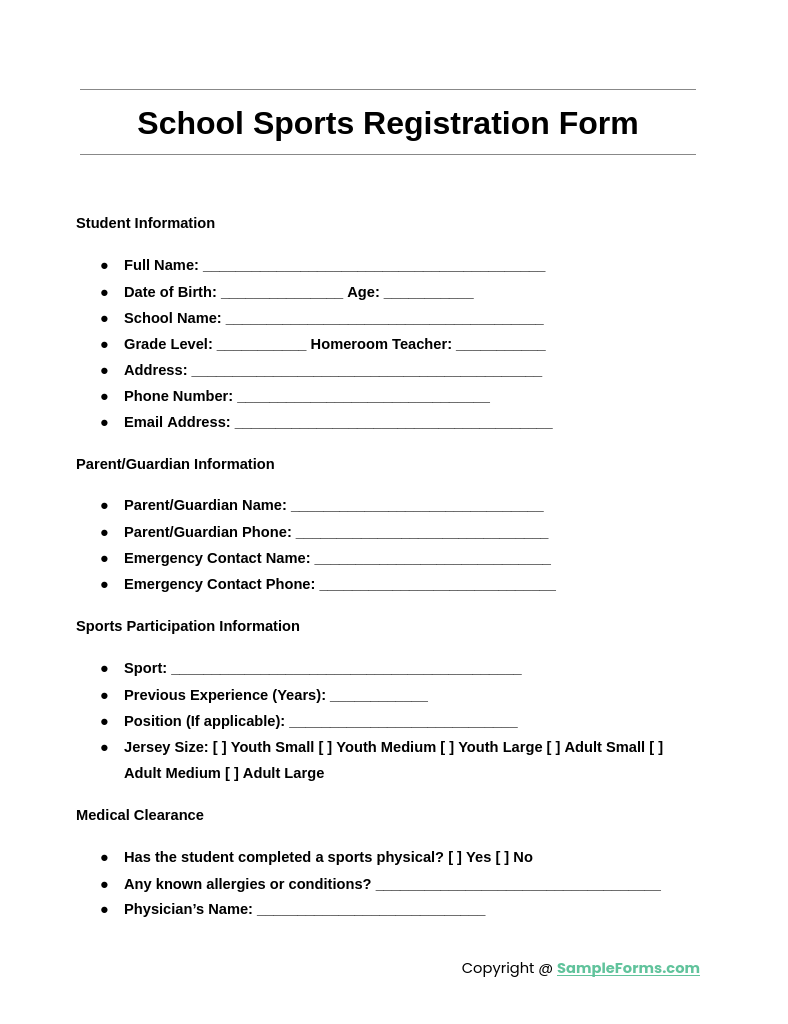 school sports registration form