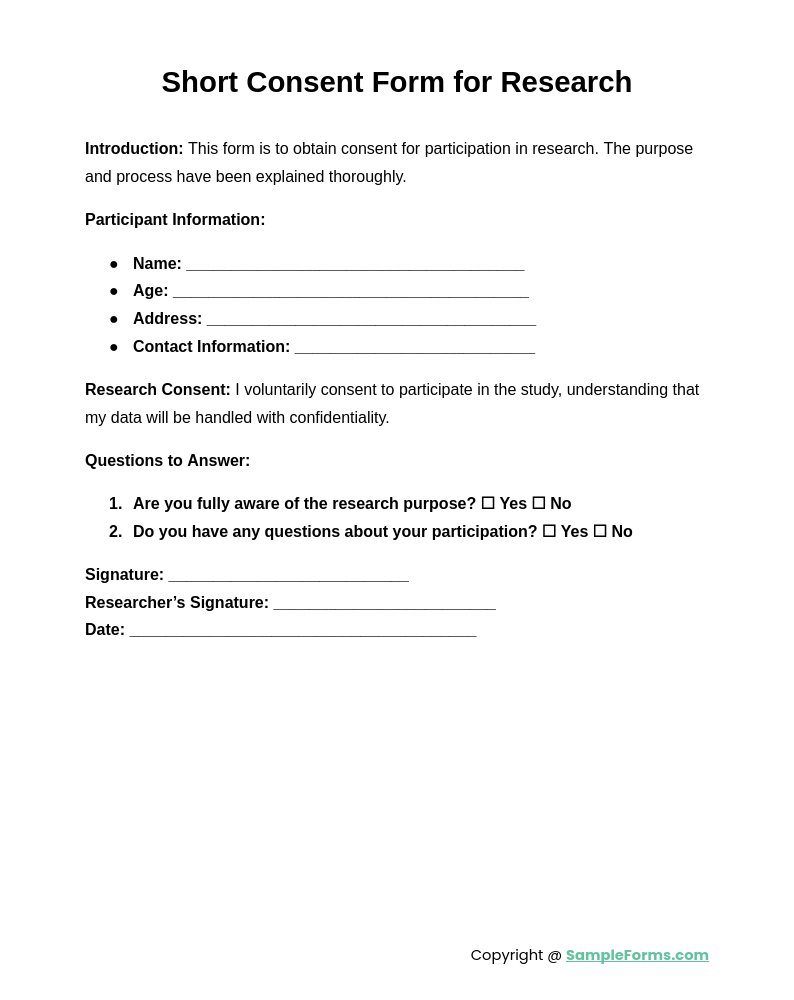 short consent form for research 