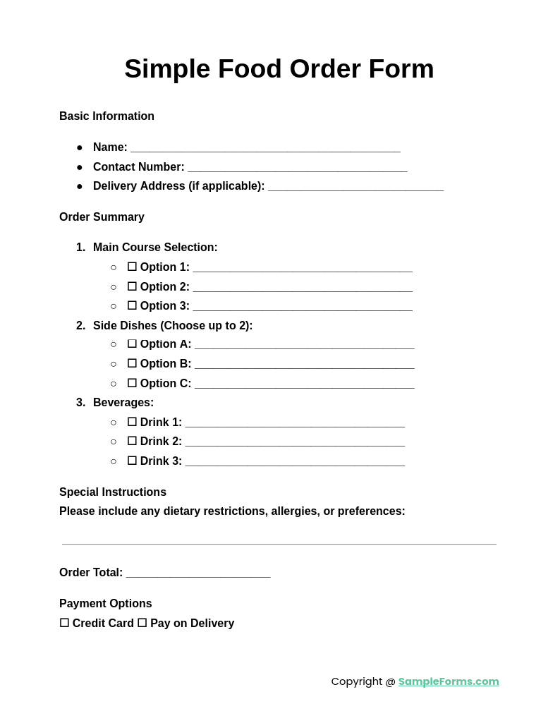 simple food order form