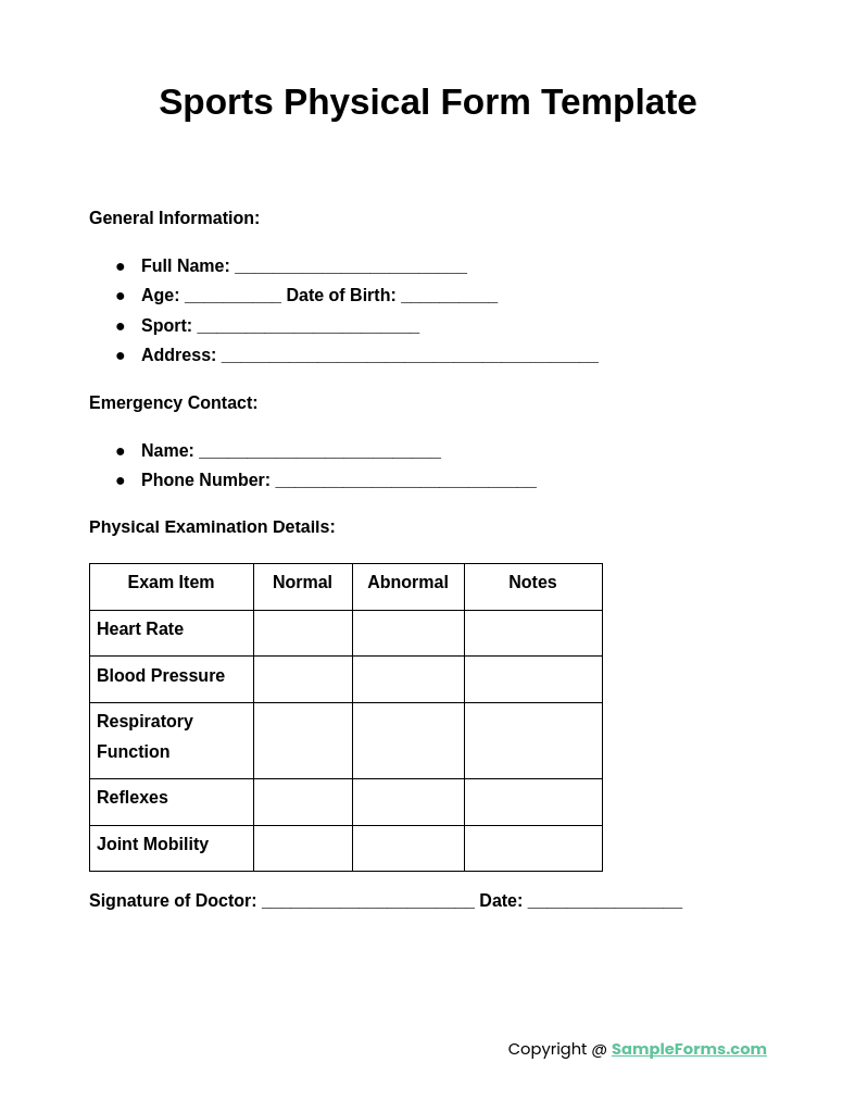 sports physical form template