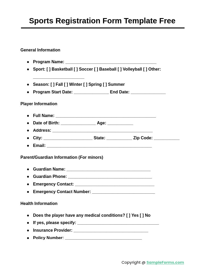 sports registration form template free