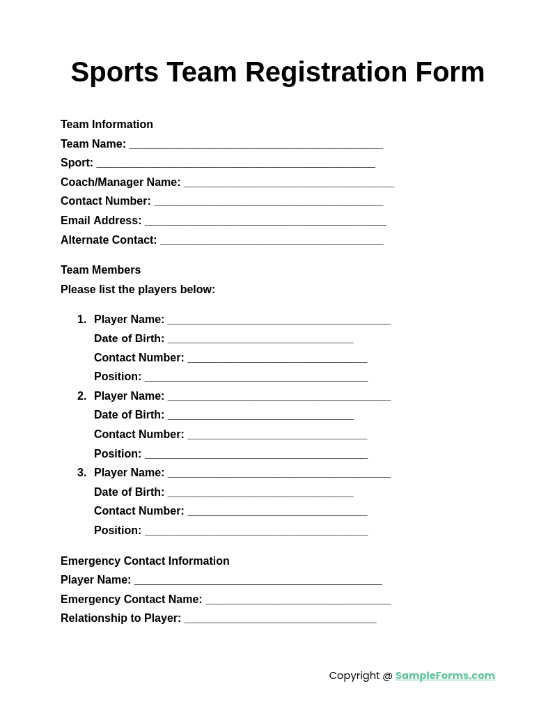 sports team registration form