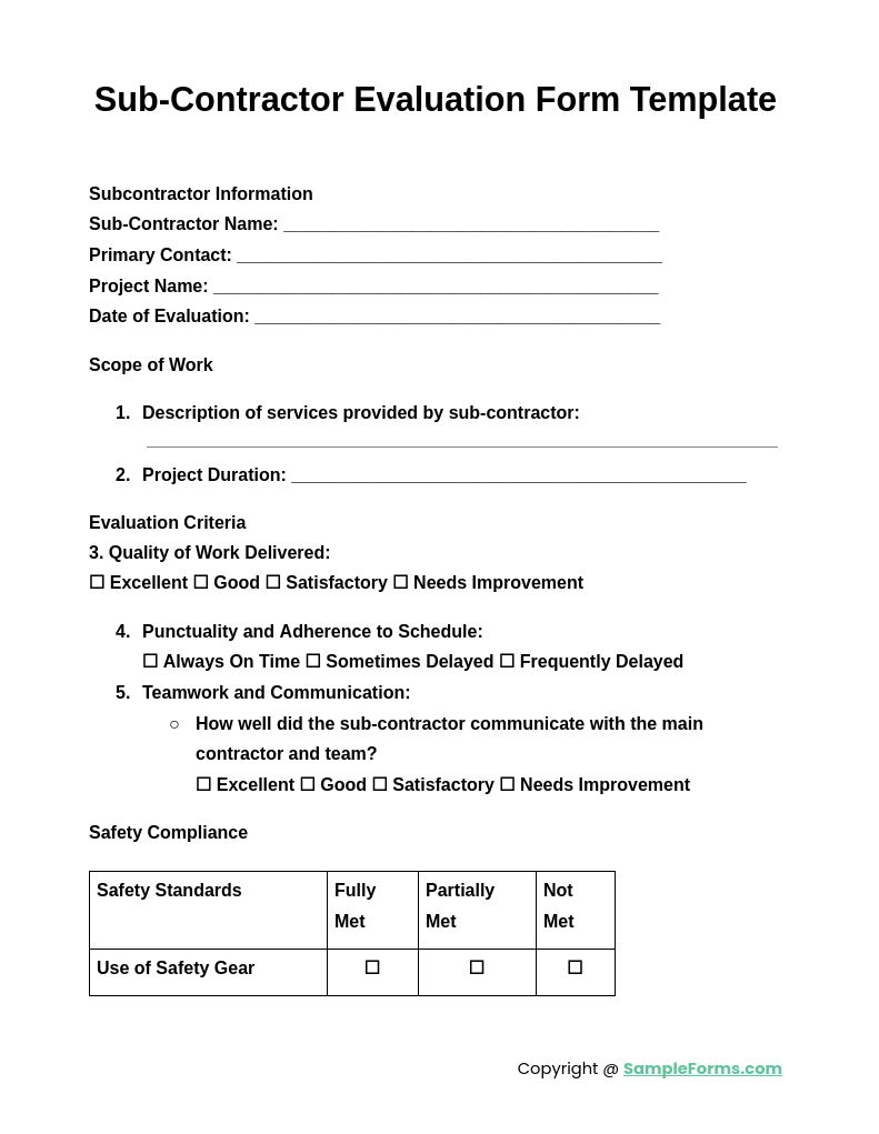 sub contractor evaluation form template