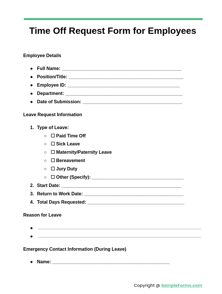 time off request form for employees