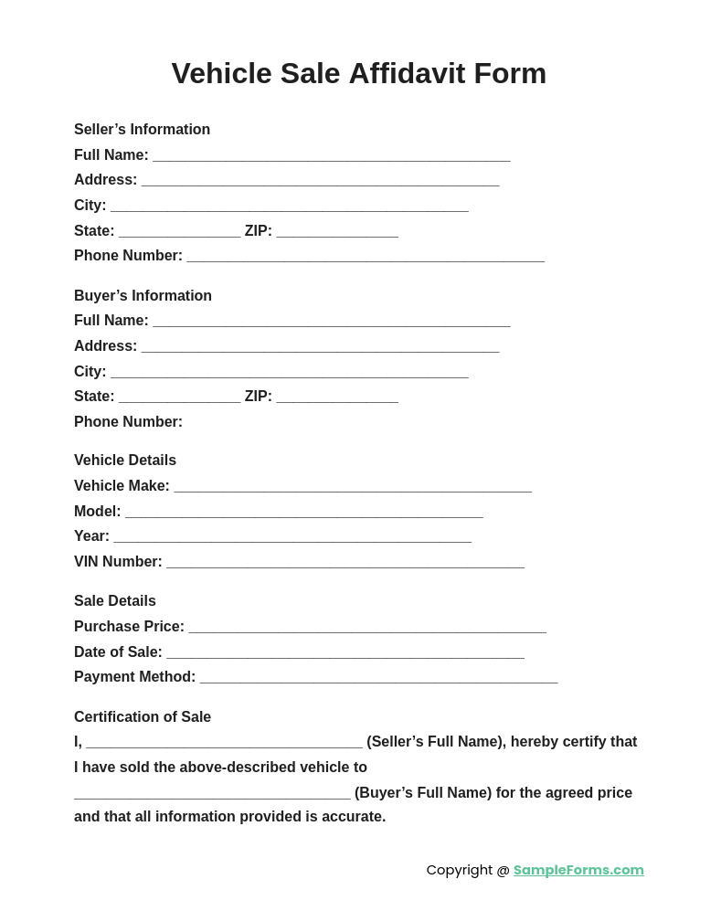 vehicle sale affidavit form