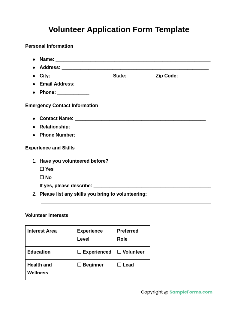 volunteer application form template