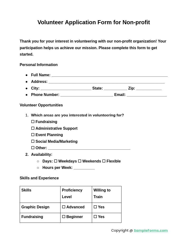 volunteer application form for non profit