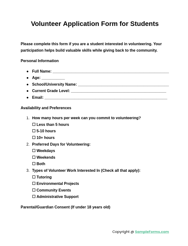 volunteer application form for students