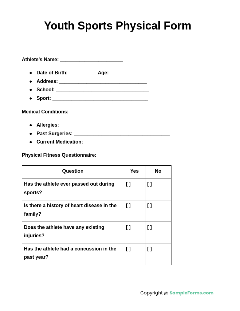 youth sports physical form