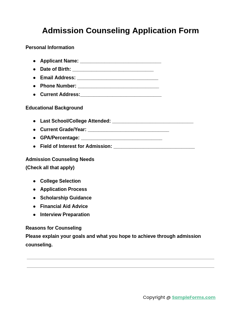 admission counseling application form