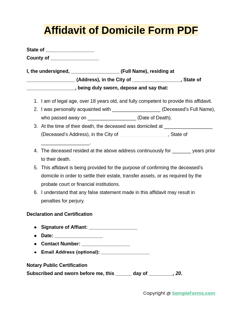 affidavit of domicile form pdf