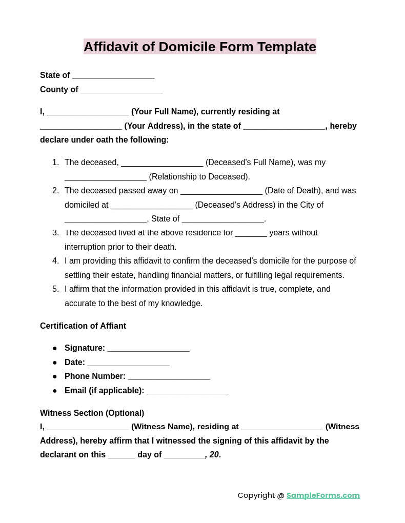 affidavit of domicile form template