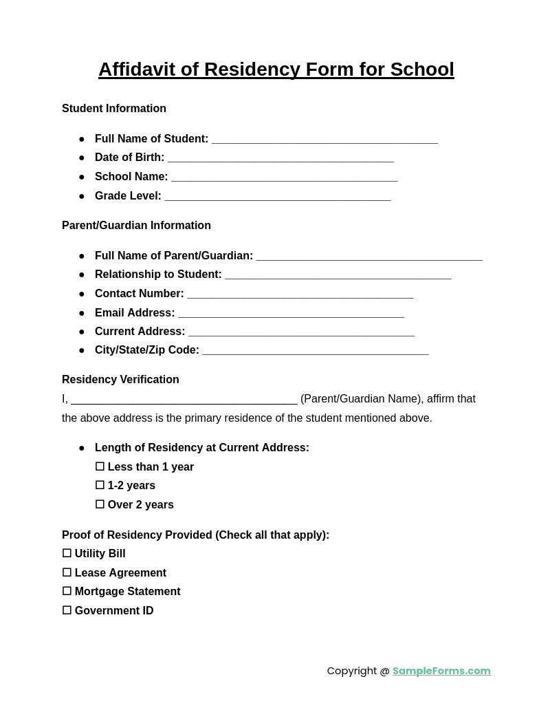 affidavit of residency form for school