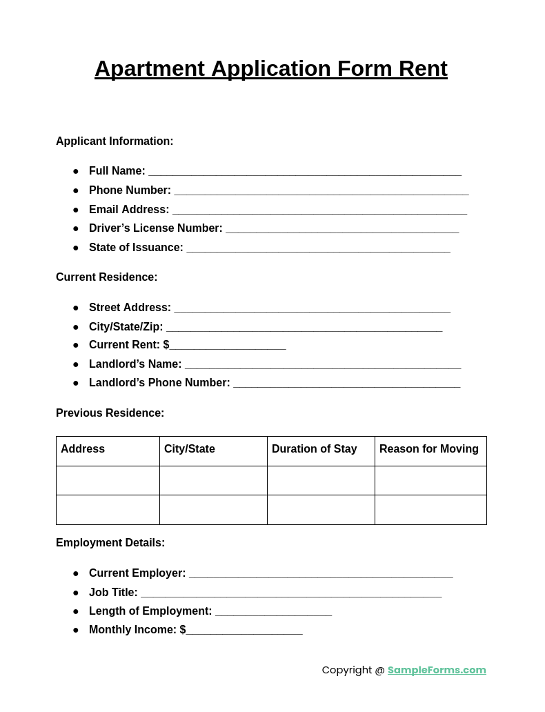 apartment application form rent