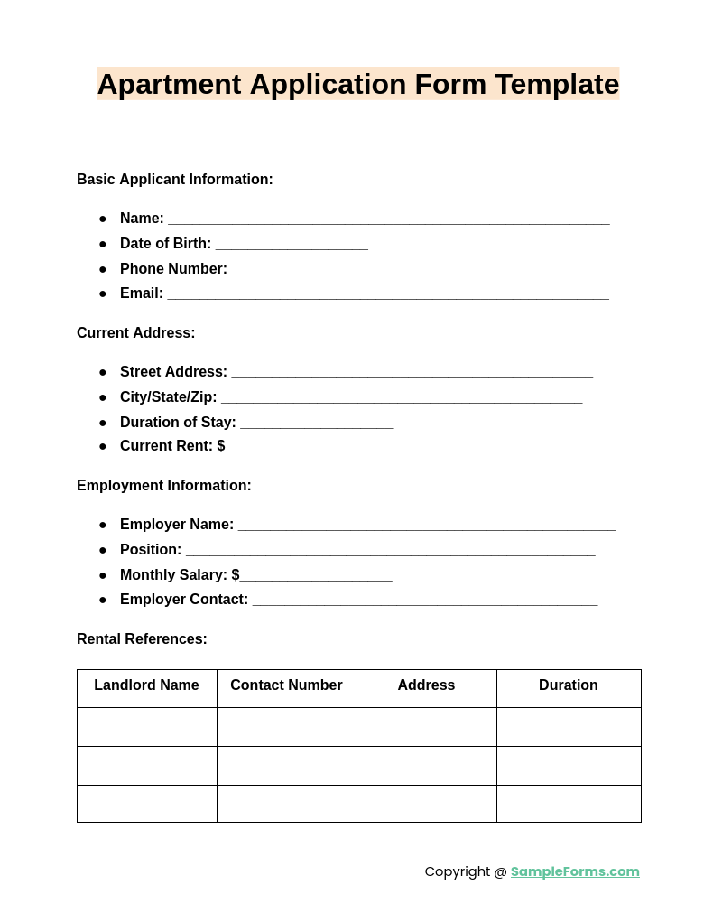 apartment application form template