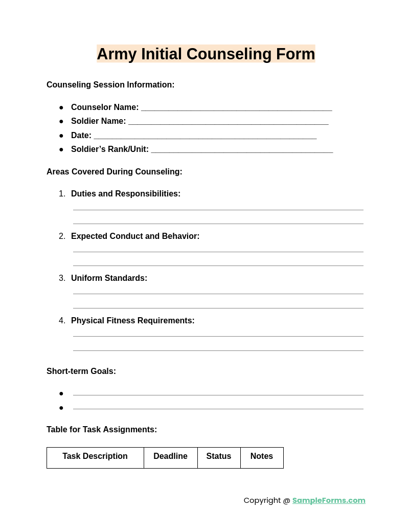 army initial counseling form