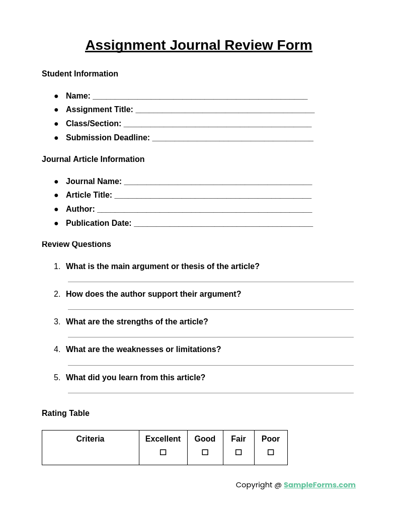 assignment journal review form