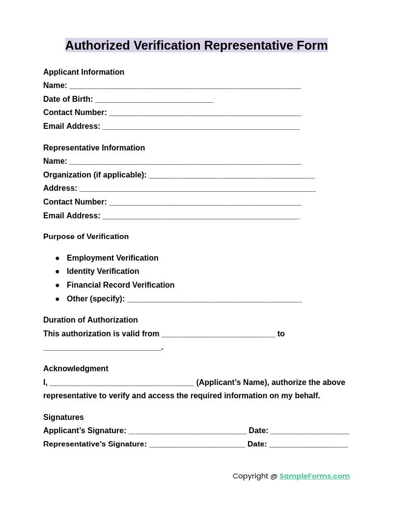 authorized verification representative form