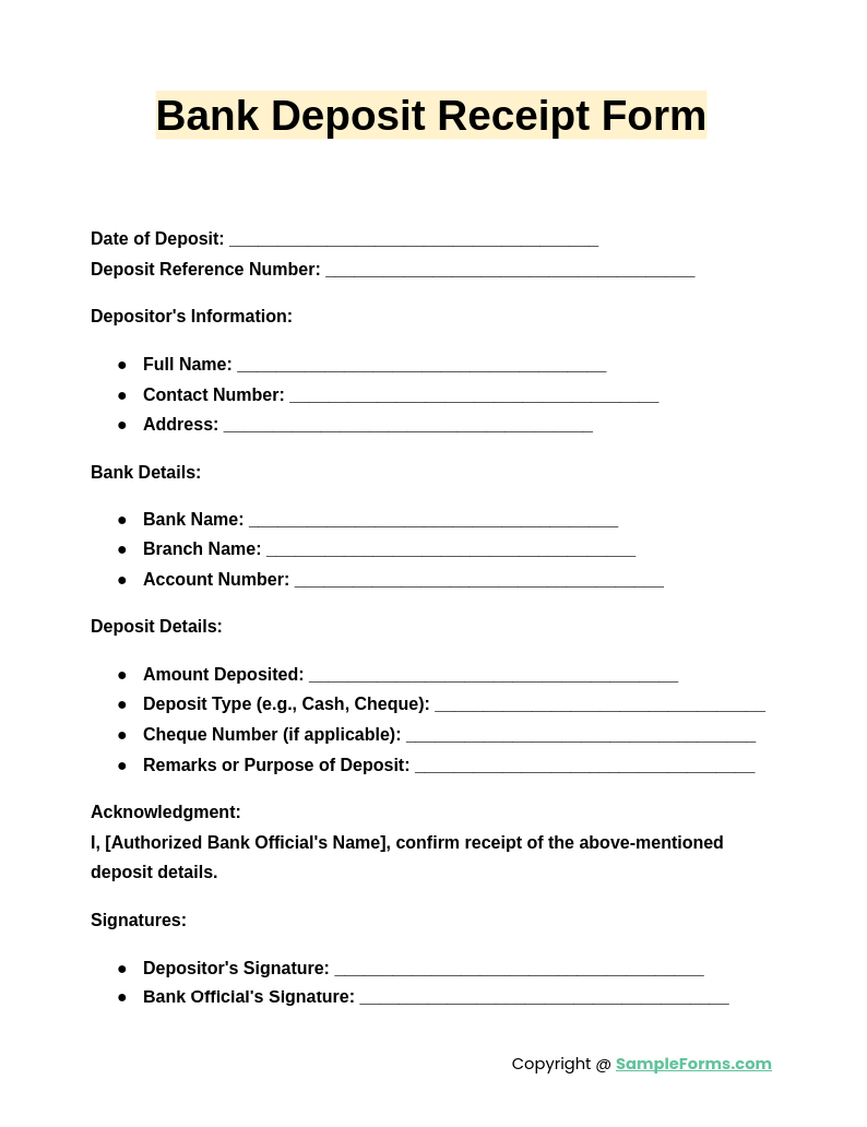 FREE 13+ Deposit Receipt Form Samples, PDF, MS Word, Google Docs, Excel
