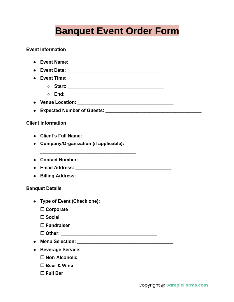 banquet event order form