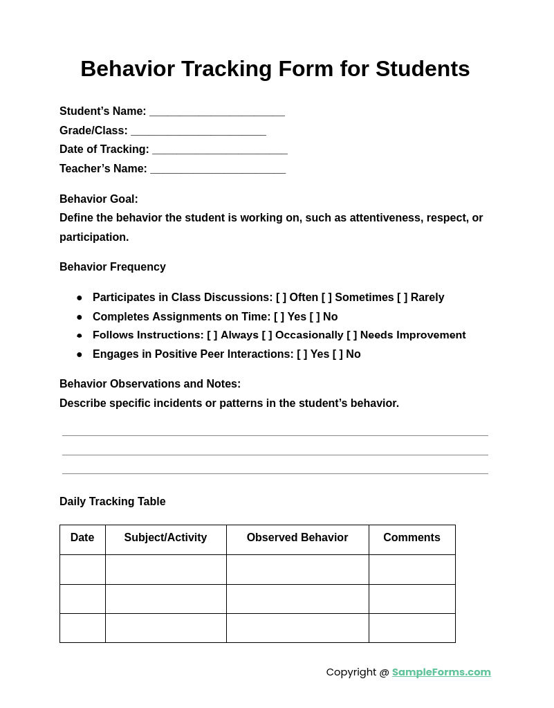 FREE 13+ Behavior Tracking Form Samples, PDF, MS Word, Google Docs