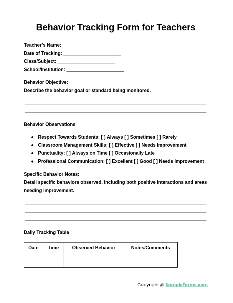 behavior tracking form for teachers