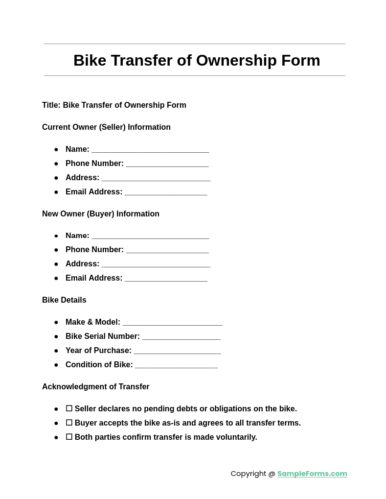 bike transfer of ownership form