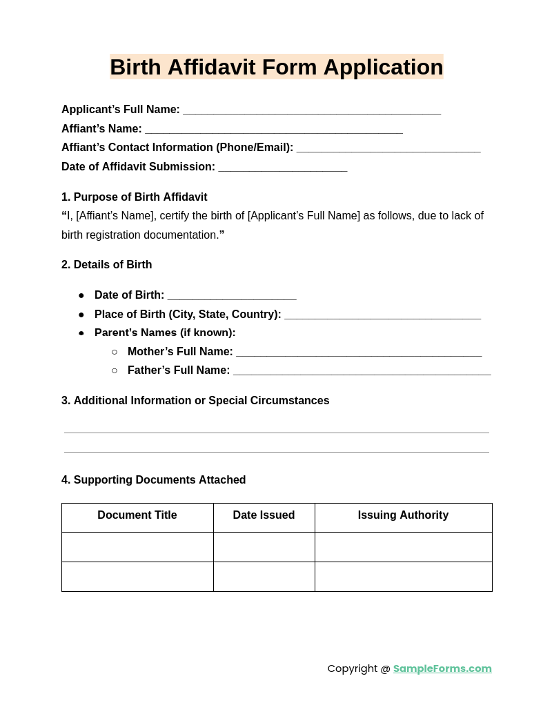 birth affidavit form application