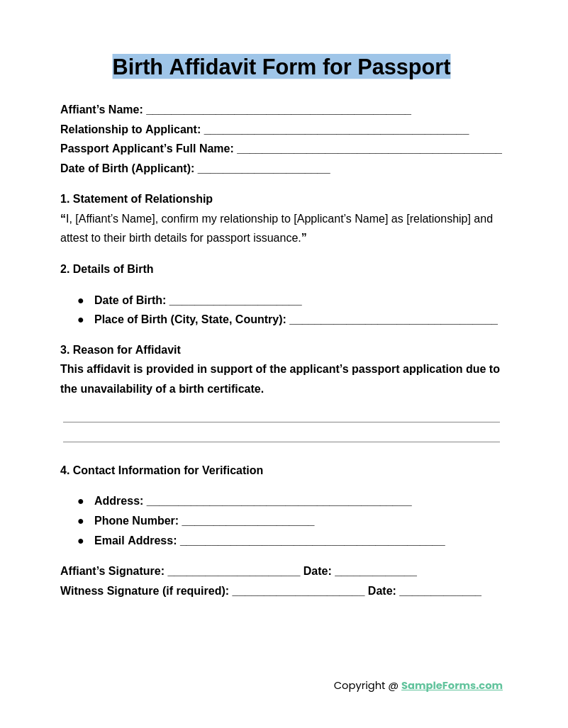 birth affidavit form for passport