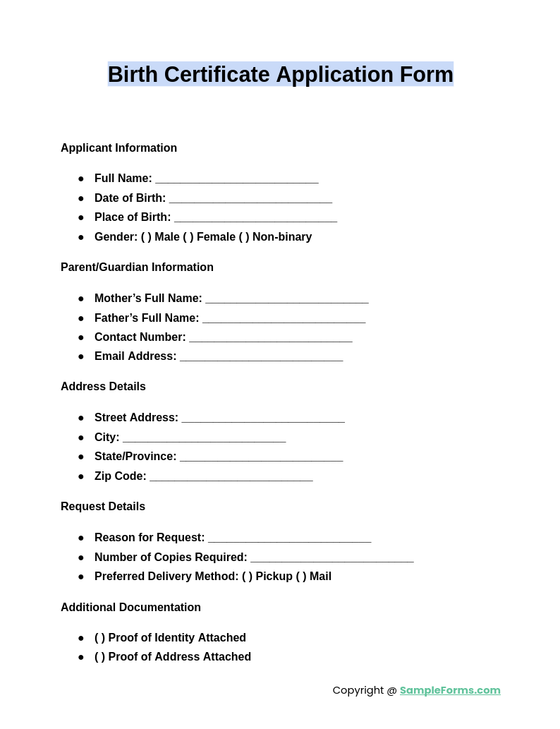 birth certificate application form