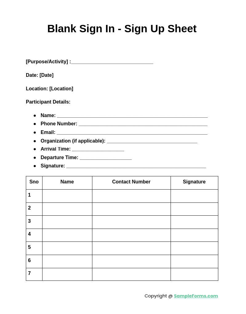 blank sign in sign up sheet