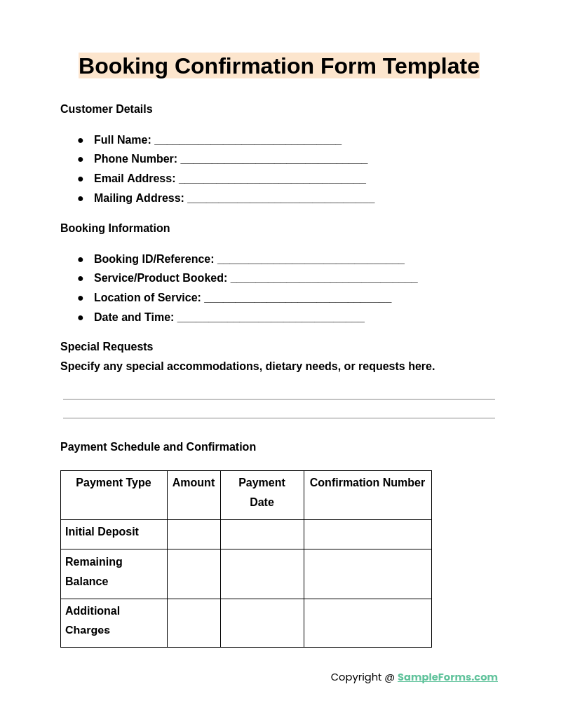 booking confirmation form template