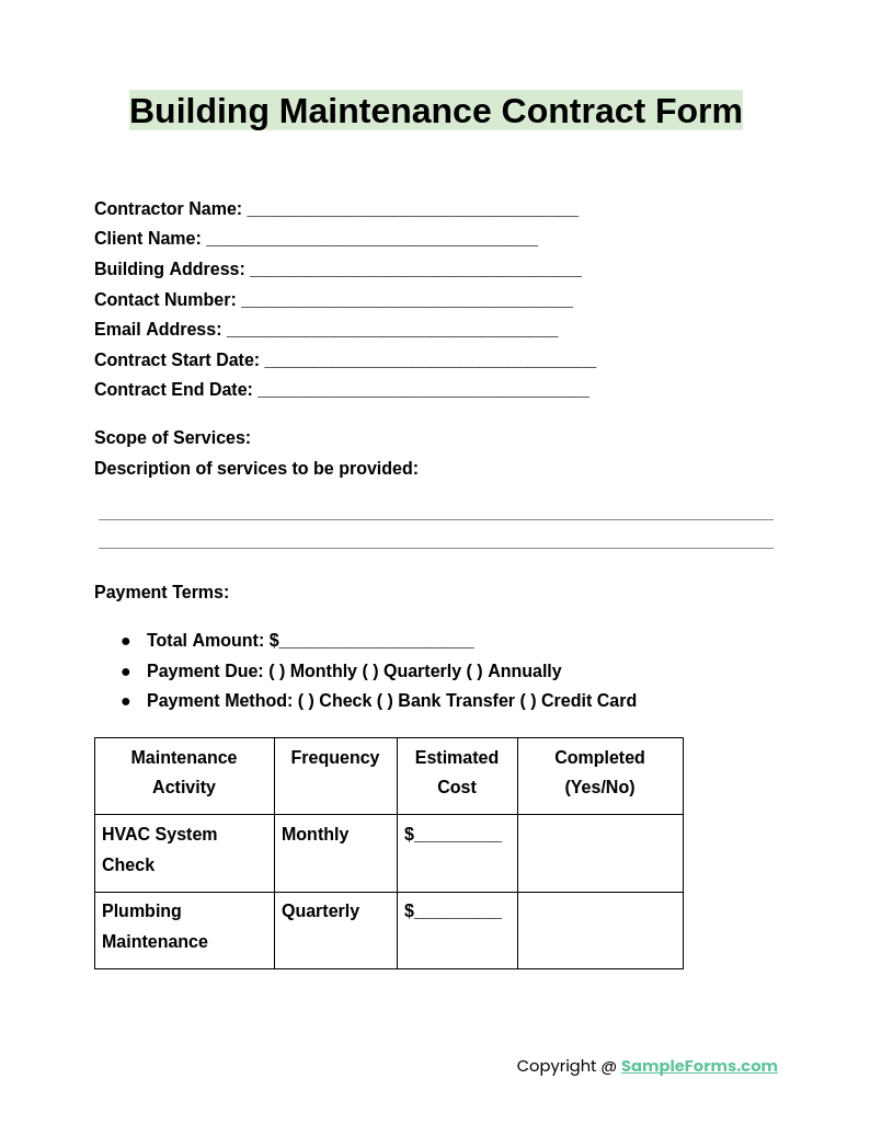 building maintenance contract form