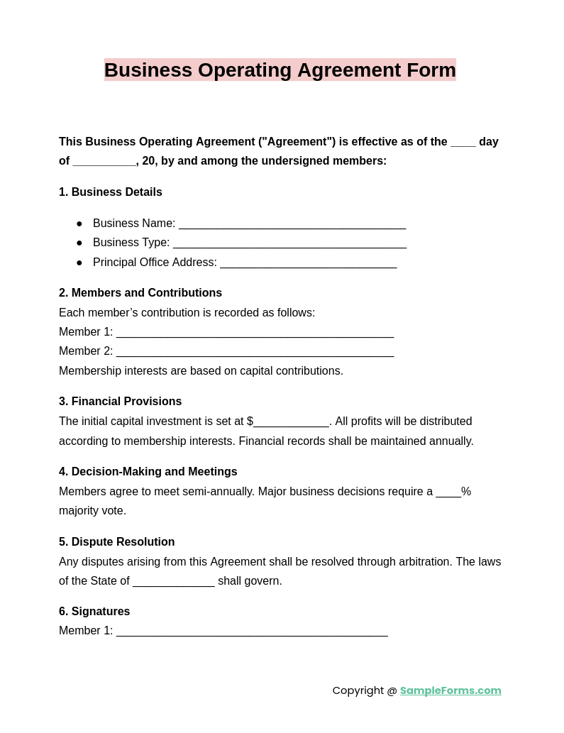 business operating agreement form