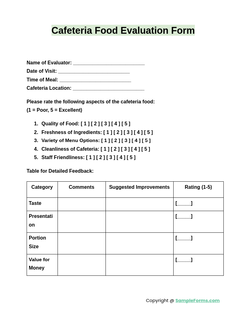 cafeteria food evaluation form