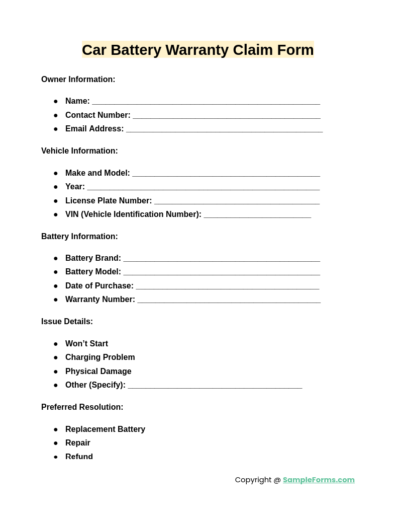 car battery warranty claim form