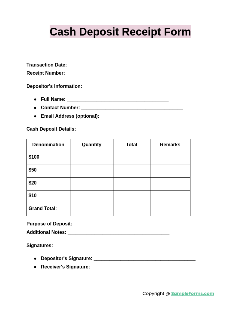 cash deposit receipt form