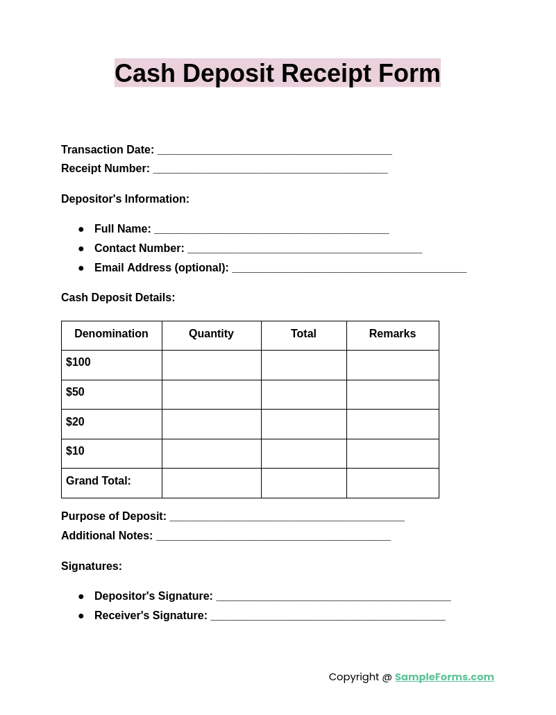 FREE 13+ Deposit Receipt Form Samples, PDF, MS Word, Google Docs, Excel