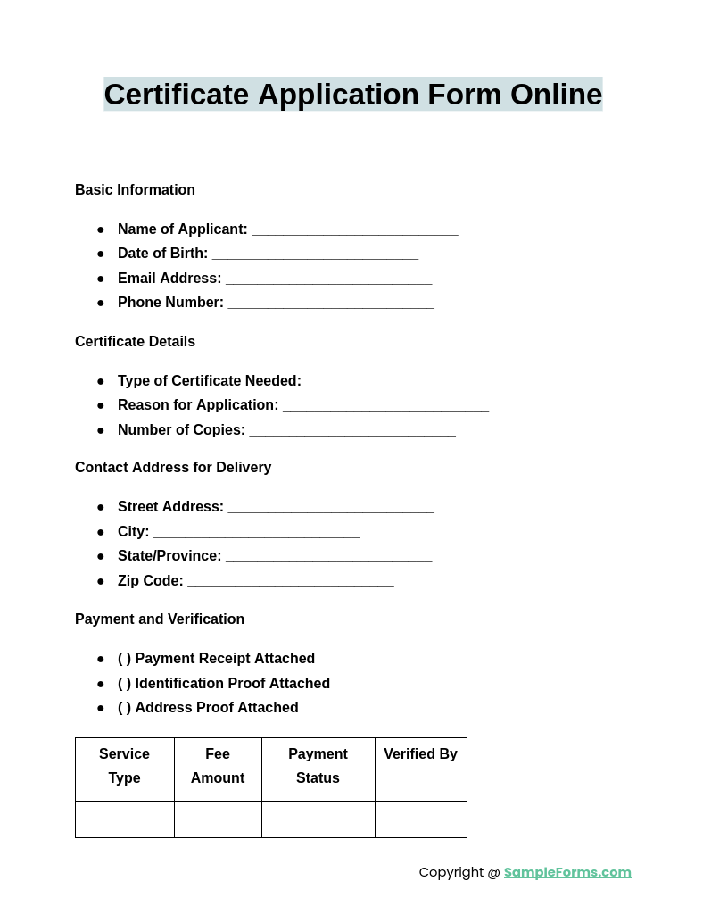 certificate application form online