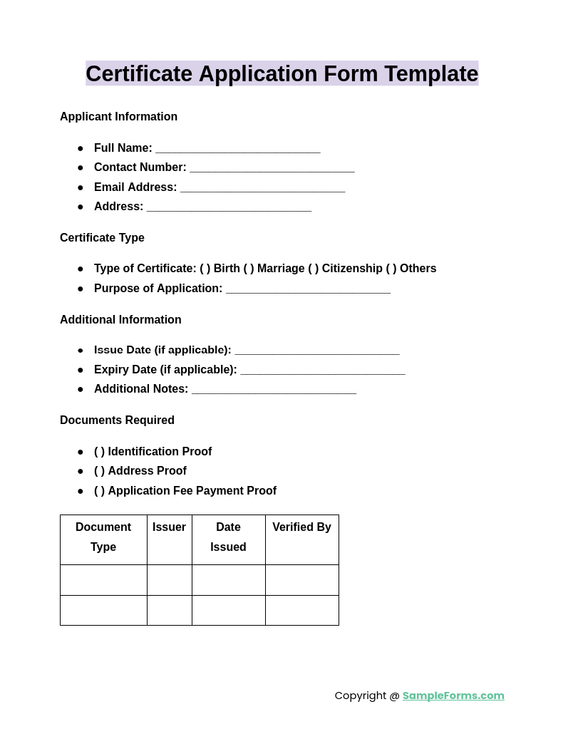 certificate application form template